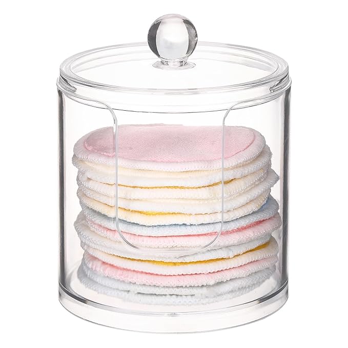 Tbestmax Plastic Cotton Round Holder and Dispenser, Clear Cotton Pads Storage Bathroom Canister Vanity Makeup Organizer