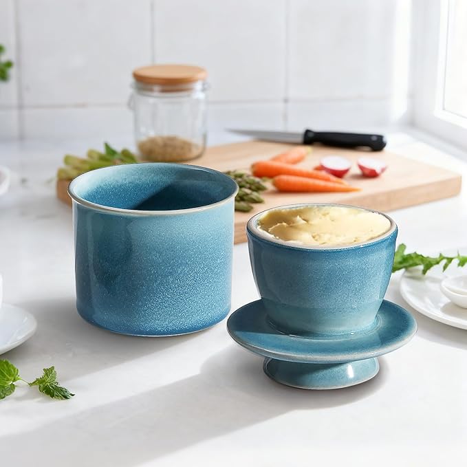 Peacock Blue French Butter Dish,Handmade Reactive Glaze Ceramic Butter Crock with Water Line for Speradable Fresh Butter