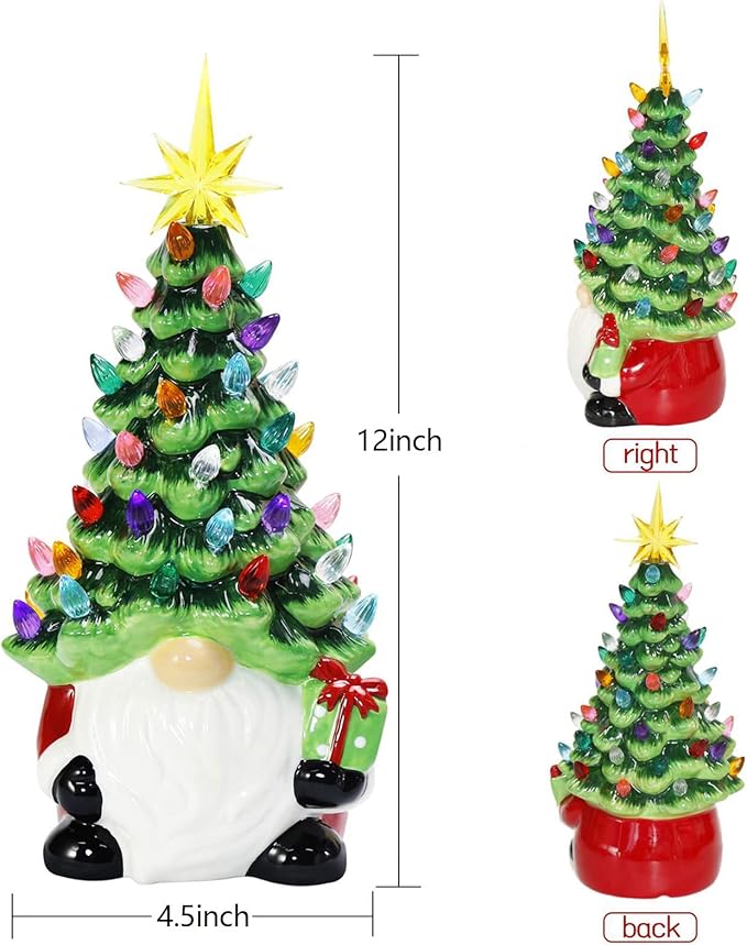 ORIENTAL CHERRY Christmas Decorations - 12” Lighted Up Gnomes Ceramic Christmas Tree with 46 Multicolored Lights - Small Mini Prelit Xmas Holiday Decor for Tabletop Home Room Table Fireplace Office