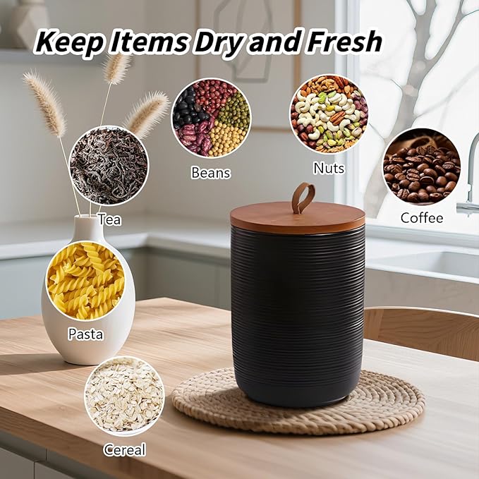 Food Storage Jar Strong Ceramic Storage Canisters with Airtight Wooden Lid,Kitchen Storage Containers for Serving Coffee Beans, Tea, Sugar, Salt, Spices (Little black 9 oz)