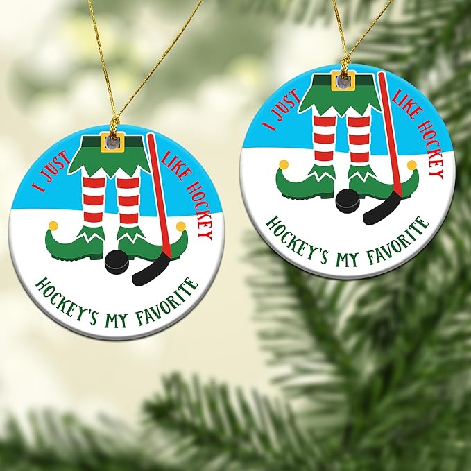Ice Hockey Christmas Ornament -Round Ceramic 3", Holiday Tree Decoration Keepsake, Hockey Player for Boys Girls