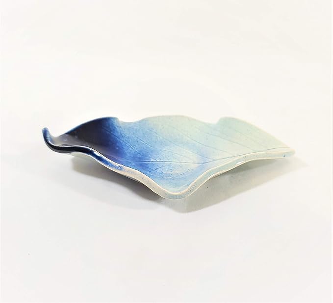 Earthen Vessels Pottery, Handmade, Hydrangea Leaf, Tea Bag Holder, Teaspoon Rest or Ring Dish, Set of 3 in Starry Night Blue