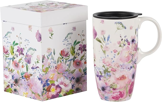 Topadorn Ceramic Travel Mugs Porcelain Latte Tea Cup Coffee Mug with Gift Box, 17oz. Pink Garden