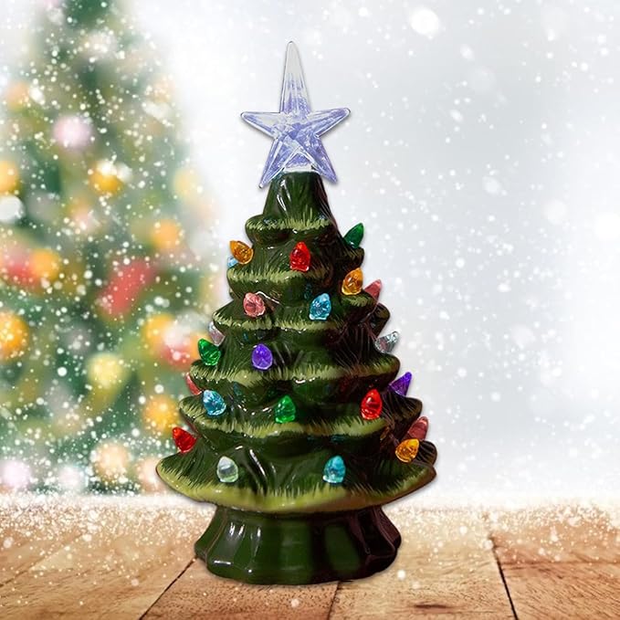 Small Resin Christmas Tree Decor, Tabletop Christmas Tree Star Topper, Holiday Decoration with 40 Multi-Color Lights, Xmas Fall Decorations for Home (Green-White)