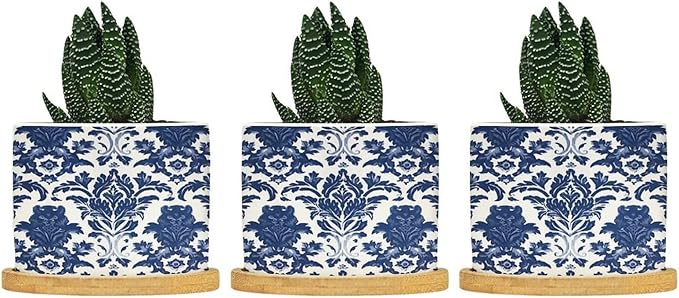 Blue Regalia Lion Planter Ceramic Chinoiserie Geometric Print Round Plant Pot with Drainage Holes and Bamboo Tray Pot for Indoor Outdoor Garden