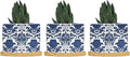 Blue Regalia Lion Planter Ceramic Chinoiserie Geometric Print Round Plant Pot with Drainage Holes and Bamboo Tray Pot for Indoor Outdoor Garden