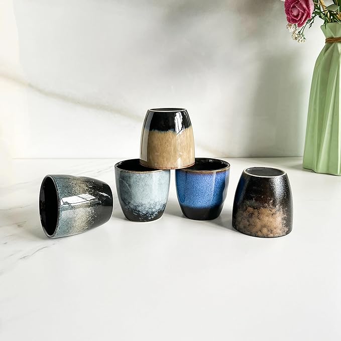 Rubdub Ceramic Japanese Tea Cup, 5.07oz/ 150 ml Chinese Tea Cup, Tea Cups no Handles, Teacup in Gift Box, Ceramic Mate Cup Set of 5