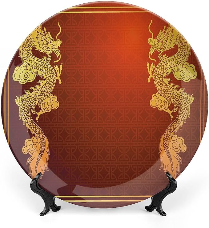 XISUNYA 8 Inch Decorative Plate, Dragon Round Porcelain,Chinese Historical Asian Eastern Motif Legendary Creature Print Ornament Display Plate Decor Accessory for Dining, Parties, Wedding