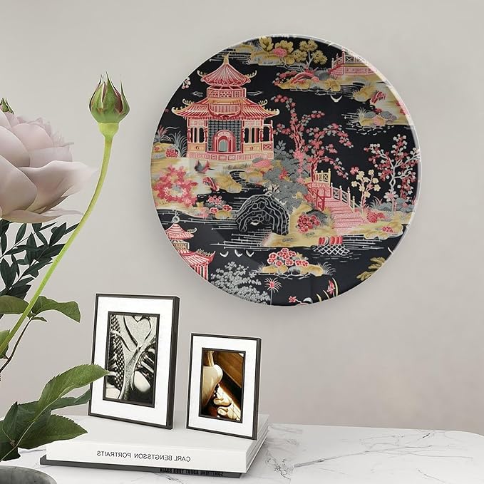 China Plates Chinoiserie Charcoal Coral Pagoda Asian Customize Decor for Household Farmhouse Housewarming Gifts Club Dinner Plates with Vertical Stand, Multi Sizes by Choosing, Gifts for Men Women