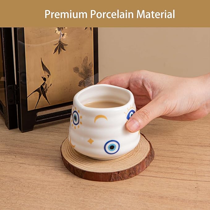 4pcs Japanese Tea Cup Set – 160ml 5.4OZ Ceramic Matcha Cup, Small Handless Espresso Cups, Cute Coffee Mugs for Valentine (Evil Eye)