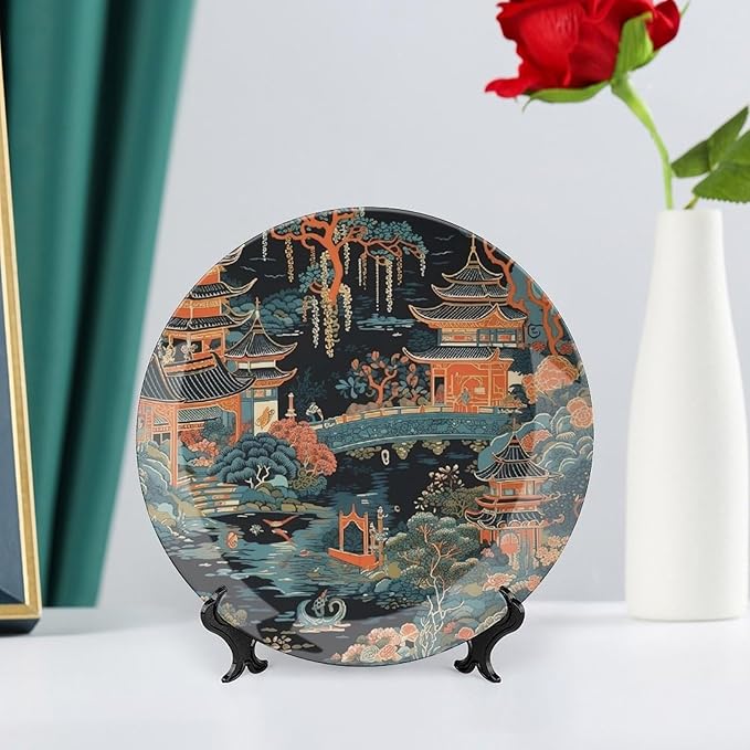 Chinoiserie Charcoal Coral Pagoda Asian Fashion Plates, Asian Scenic Pagoda Design Collector Plates for Display Wedding Office Decor, with Display Stand And Hook Up Art Decorations for Club Household