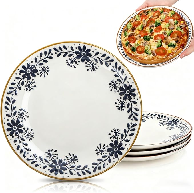 4 Pack Ceramic Dinner Plates, 10" Round Appetizer Plates, Blue Floral Dessert Serving Dishes, Vintage Salad Plate, Scratch Resistant Dinnerware for Kitchen, Microwave Dishwasher Oven Safe