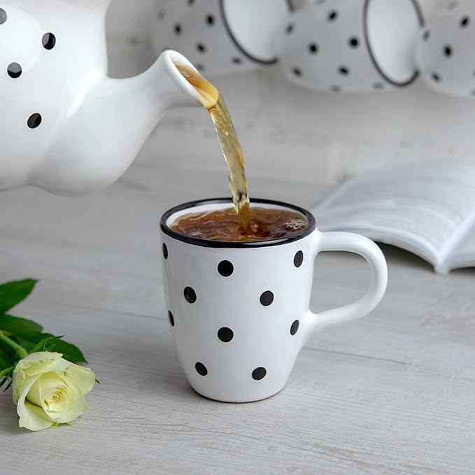 City to Cottage Ceramic Cappuccino Mug with Large Handle, 10oz Coffee Mug for Latte Hot Chocholate Tea, Daily Morning Dring at Home Office Work, Christmas Housewarming Gift White and Black Polka Dot