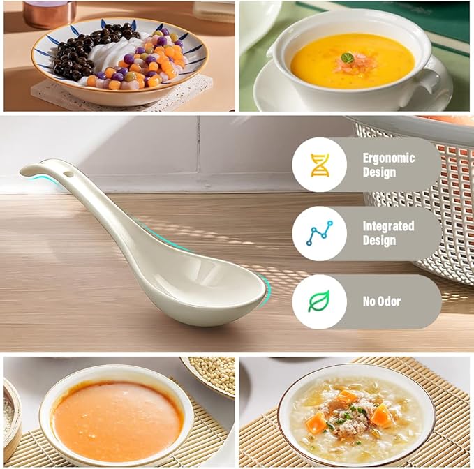 YFWOOD 6.75 inch Ceramic Asian Soup Spoons - White Large Japanese Spoons for Ramen Pho Wonton Soup Dumpling Miso, Set of 6