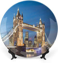XISUNYA 10 Inch Decorative Plate, London Tableware Plate, Scenery of Landmark Tower Bridge at Twilight Print Ceramic Wall Hanging Decor Accessory for Dining Table Tabletop Home Decor, Blue and Ivory