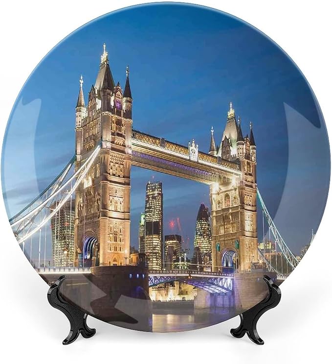 XISUNYA 8 Inch Decorative Plate, London Round Porcelain, Scenery of Landmark Tower Bridge at Twilight Print Ornament Display Plate Handmade Plate Wedding Gifts, Blue and Ivory