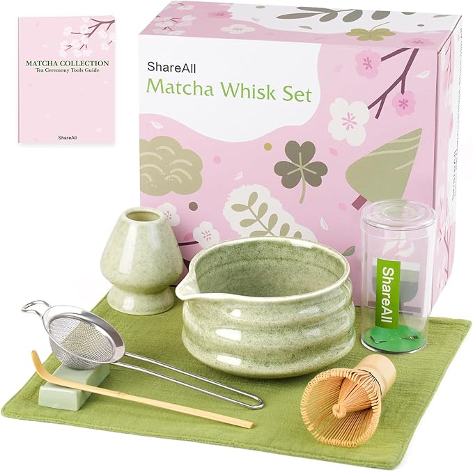 Artisan Ceramic Matcha Set, 7Pcs Japanese Matcha Whisk Kit with Speckled Glaze Bowl, Bamboo Chasen & Sifter - Elegant Tea Ceremony Gifts for Women & Men, Premium Home Essentials (Green)