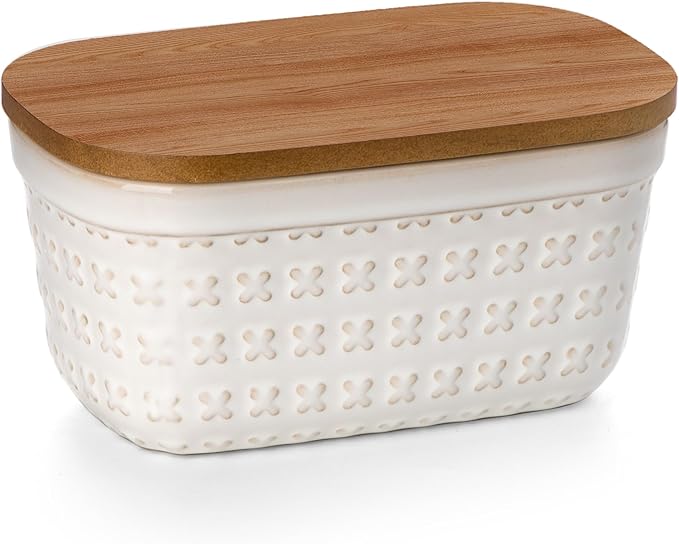Nucookery Ceramic Butter Dish, Embossed Butter Keeper with Wood Lid for Countertop, Butter Holder and Container with Double Silicone Seal (Cross Pattern)