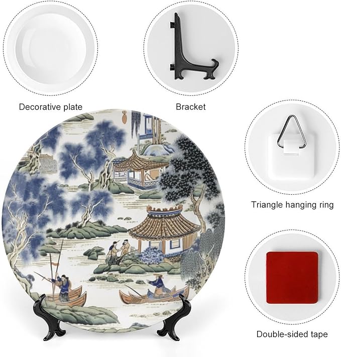 Asian Scenic in Blue And Kelly Green Chinoiserie Decorative Plate of 6", 7", 9", 10", Personalized Ceramic Display Plate, Wedding Kitchen Decorations Table, Including Bracket And Special Hook
