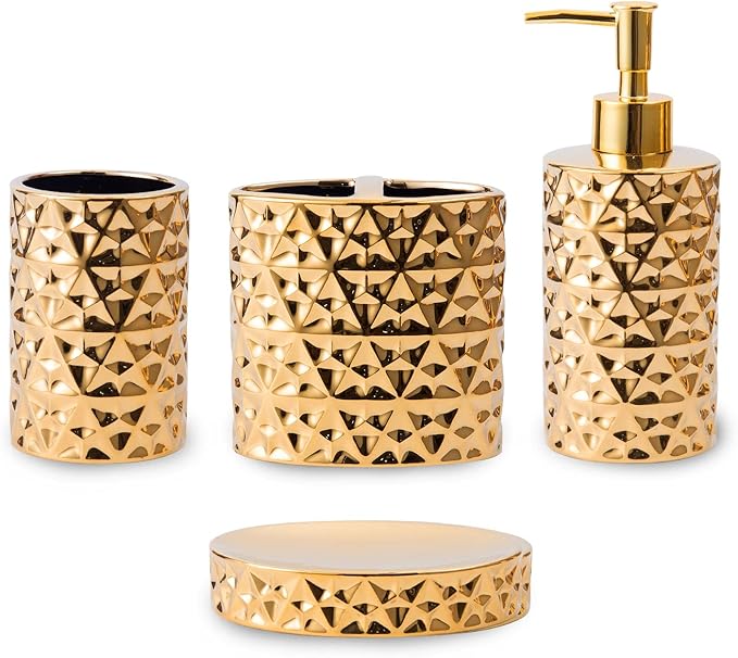 Gold Bathroom Accessory Sets 4 Piece Ceramic Gift Set Apartment Necessities,Includes Soap Dispenser, Toothbrush Holder, Toothbrush Cup, Soap Dish for Decorative Countertop Housewarming Gift