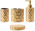 Gold Bathroom Accessory Sets 4 Piece Ceramic Gift Set Apartment Necessities,Includes Soap Dispenser, Toothbrush Holder, Toothbrush Cup, Soap Dish for Decorative Countertop Housewarming Gift