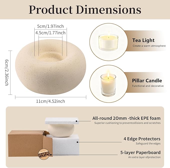 Tea Light Candle Holders, Tealight Candle Holder, Larger Ceramic Boho Votive Candleholders in Beige, Farmhouse Rustic Home Table Centerpiece Decor for Wedding, Living Room, Christmas, Parties