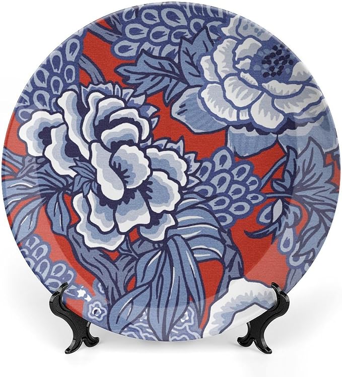 Red And Blue Chinoiserie Peony Floral Decorative Plate of 6", 7", 9", 10", Personalized Colorful Chinoiserie Flower Dinner Plates, Display Club Decorations Wedding, Including Bracket And Special Hook
