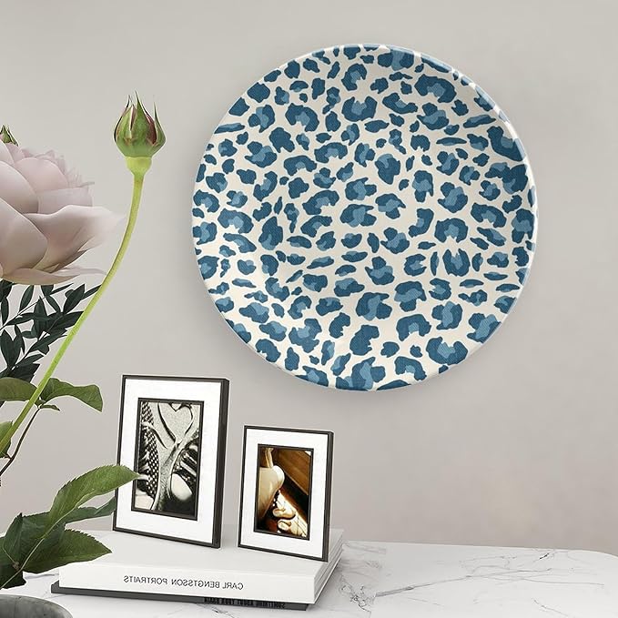 Leopard Animal Print Blue And Beige China Plates of 6", 7", 9", 10", Custom Animals Wildlife with Textures Wall Hanging Decoration, Household Club Decorations Housewarming Gifts, with 1 Display Stand