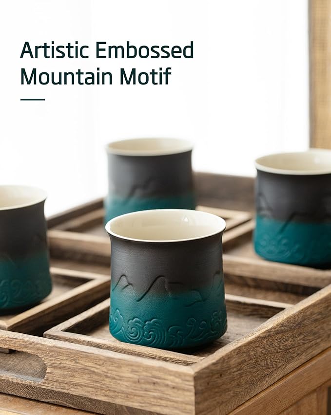 ZENS Japanese Tea Cups Set of 4 - Embossed 8 oz Ceramic Asian Cups for Loose or Matcha Tea - No Handles, Traditional Occupied Japan Style - Dark Green