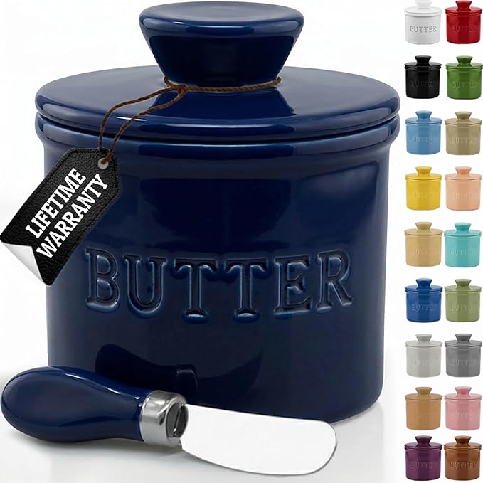 PriorityChef Butter Crock with Lid with Water Line,Ceramic French Butter Dish to Leave On Counter, Dark Navy