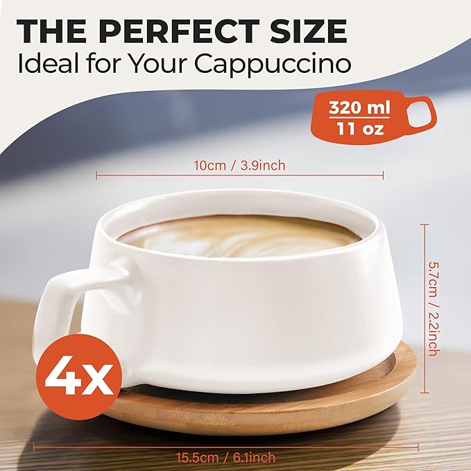 MIAMIO – 11 Oz., Set of 4 Ceramic Tea Cup and Saucer Bamboo/Tea Mug - Wide Cappuccino Cup, Coffee Cups Ceramic Mug for Cappuccino, Latte, Espresso & Americano - Luxe Collection (White)