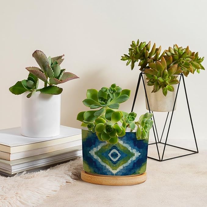 DreamAutumn Blue and Green Geometric Ikat Ceramic Pots for Plants with Drainage Holes Round Flower Pot Bamboo Tray Orchid Pot Succulents Pots for Outdoor Indoor Plants,Housewarming Gifts