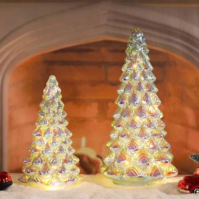VCUTEKA Small Tabletop Christmas Tree with Light White Mercury Glass Christmas Tree Battery Operated Mini Xmas Tree for Fireplace Bathroom Table Xmas Holiday Decor 8" 12", Set of 2