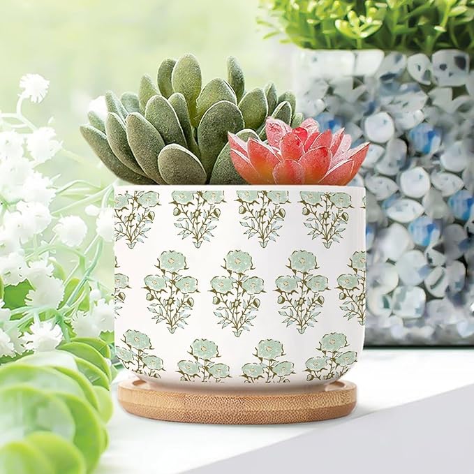 1 Piece Green Flower Small Succulents Pots Oriental Chinoiserie Cactus Planter for Indoor with Drainage Holes and Bamboo Tray Watercolor Chinoiserie Floral Ceramics Planters for Indoor
