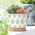 1 Piece Green Flower Small Succulents Pots Oriental Chinoiserie Cactus Planter for Indoor with Drainage Holes and Bamboo Tray Watercolor Chinoiserie Floral Ceramics Planters for Indoor