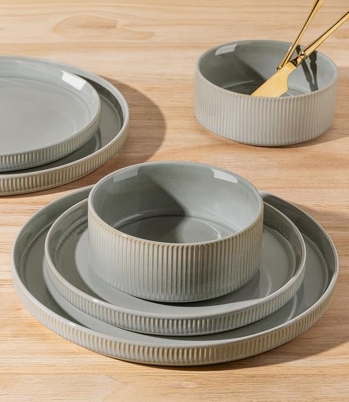 TheTerra Ceramic Dinnerware Sets with Pasta Bowls for 4, 16 Pieces Porcelain Lightweight Plates and Bowls Sets, Scratch Resistant Dish Set, Oven & Microwave & Dishwasher Safe, Desert Sage