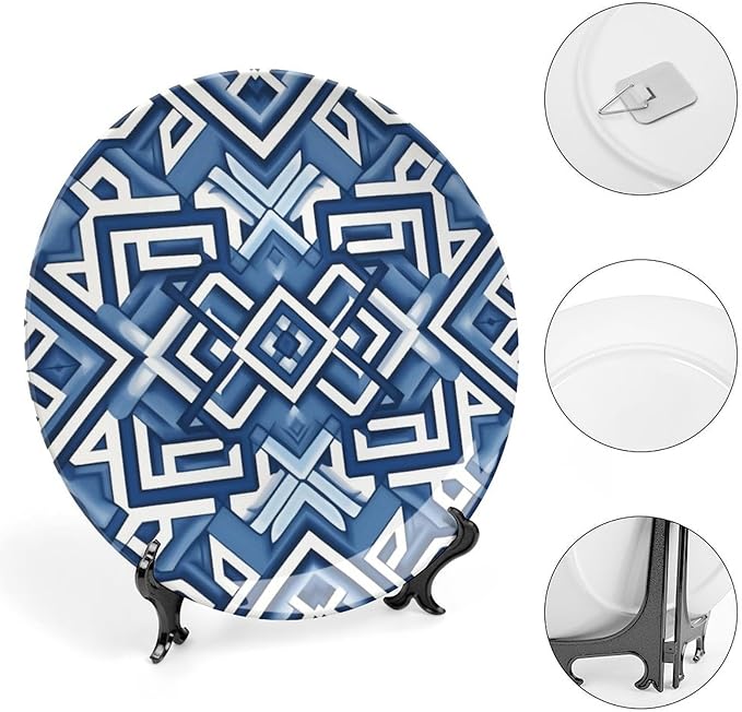 Navy Blue Geometric Ceramic Decorative Plate, Custom Bone China Decorative Plate for Festival Kitchen Table Decor, Unique Art with Stand Art Decorations for Club Farmhouse