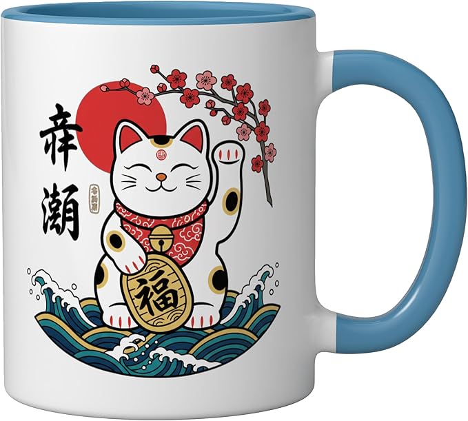 Cat Japanese Lucky Maneki Cat, Lucky Cat With & Bloss Ceramic Mug, Blue/White