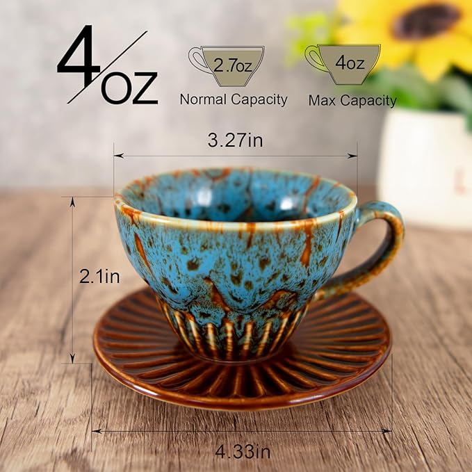 4 oz Espresso Cups Set of 6, Ceramic Cappuccino Cups with Saucers, Stackable Coffee Cup for Macchiato, Double shot, Tea, Coffee Lover Gifts, Glazed Blue