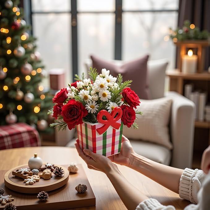 Red Bow Christmas Vase, 6.5 Inch Ceramic Unique Wide Paper Bag Vase, Xmas Cute Holiday Flower Pot for Centerpieces/Home/Living Room/Shelf Table, Modern Decor
