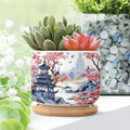 2 Piece Blue Asia Tiered Tower Coral Pink Flower Small Succulents Pots Chinoiserie Asian Flower Pot Planter with Drainage Holes Chinoiserie Garden Scenery Ceramics Planter