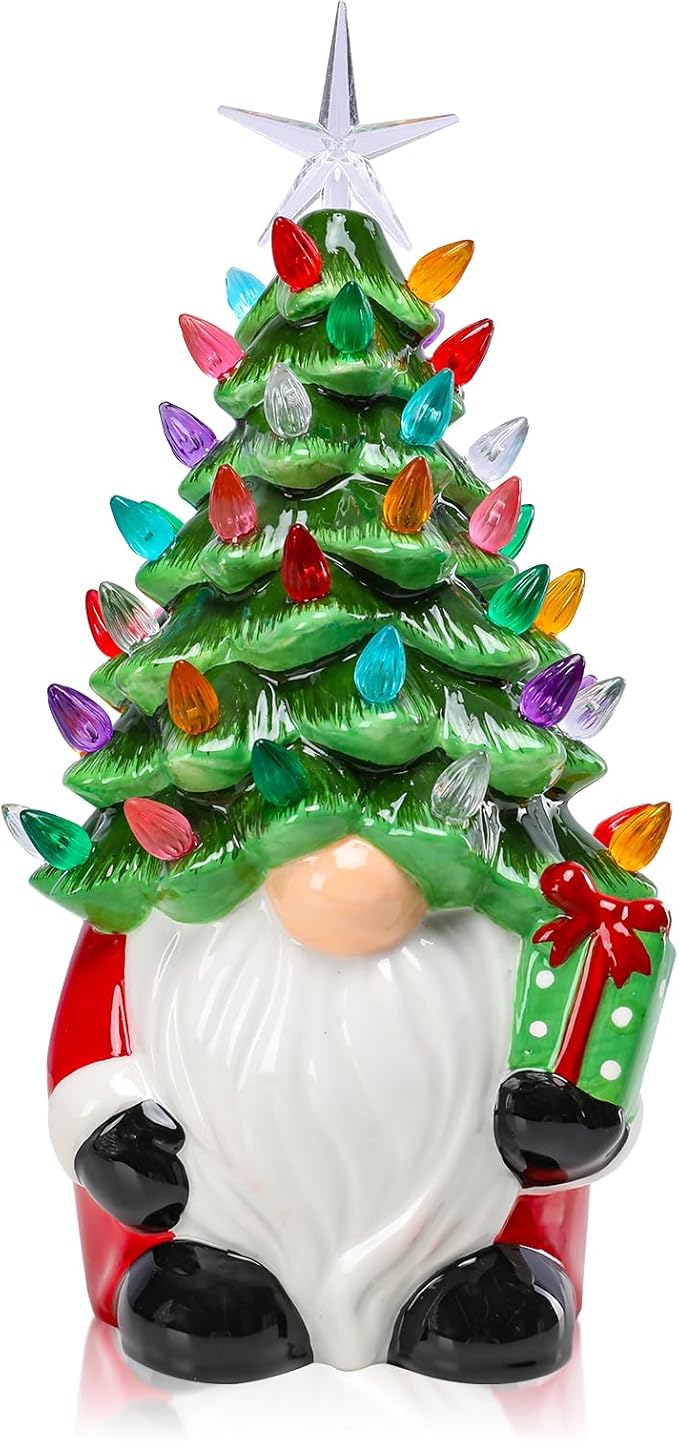 VCUTEKA Small Ceramic Christmas Tree Hand-Painted Vintage Tabletop Christmas Tree Holiday Decoration with Multi-Color Lights Green Gnome 11 inch