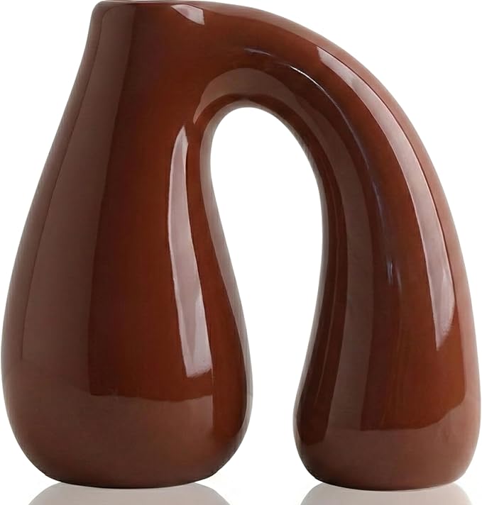 Brown Ceramic Decorative Pitcher Vase, 7.5 in – Glossy Sculptural Arch-Handle, Warm Earth-Tone Home Décor for Fresh or Dried Floral Arrangements, Table/Shelf/Entryway, Giftable