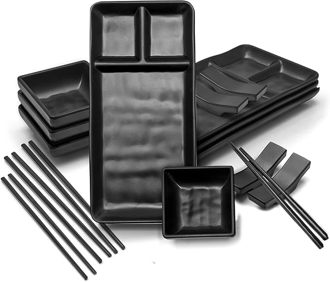 Sushi Serving Set, with 4 Japanese Sushi Serving Plate, 4 Soy Sauce Dish, 4 pairs of chopsticks and 4 chopsticks stands- Melamine Serving Set for Sushi (Black)
