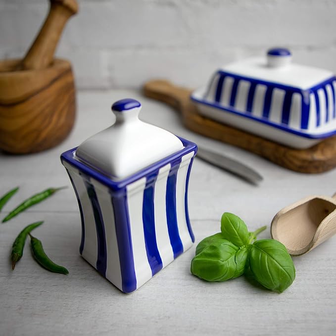 City to Cottage Handmade Small 5.3oz/150ml Ceramic Kitchen Herb, Spice, Storage Jar with Lid, Pottery Canister, Housewarming Gift (Navy Blue Stripe Coastal)