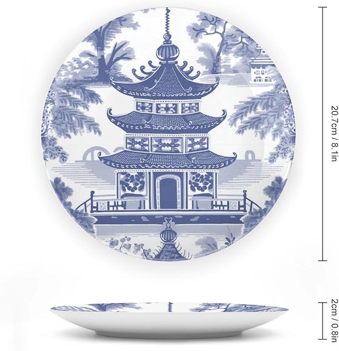 Chinoiserie Blue Asian Pagoda China Plates for Display Home Art Decoration Supplies Wedding Table Holiday Party Decorations Customize Gifts for Men Women Halloween, 6", 7", 9", 10"