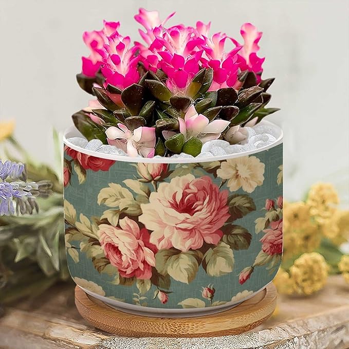 2 Piece Planters Ceramics Pink Cabbage Roses Romantic Small Ceramics Planter Cottage Chic Antique Pink Flower Ceramics Round Planter Asian Scenery Chinoiserie Plant Pot with Drainage