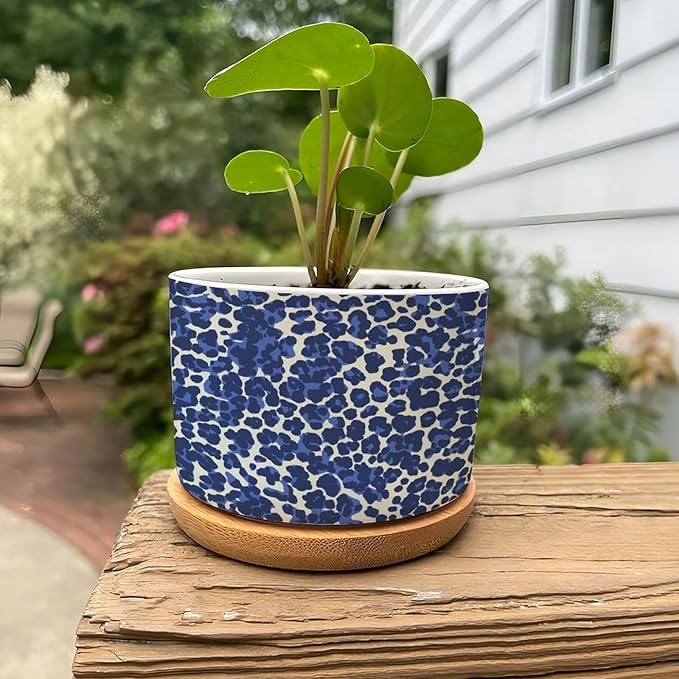 Leopard Purple and White Dot Planters Ceramic African Tribal Animal Print Round Plant Pot with Drainage Holes and Bamboo Tray Pot for Home Office Decoration