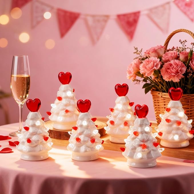 Leinuosen 6 Set Mini 4 Inch Ceramic Valentine's Day Tree Ornament with LED Lights Valentine Tree Hanging Light up Ornaments Pre Lit Hand Painted for Tabletop Home Table Holiday Decor (White, Heart)
