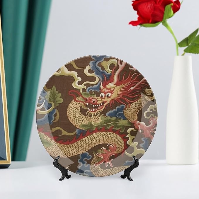 Dragon Gold Oriental Style Asian Ceramic Decorative Plate of 6", 7", 9", 10", Personalized Ceramic Display Plate, Wedding Kitchen Decorations Home, 1 Plate with 1 Display Stand